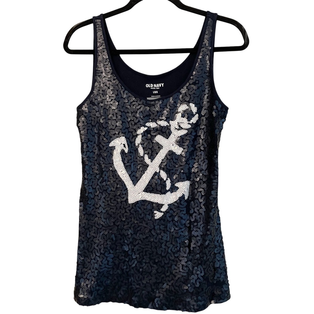 Old Navy Sequin Tank Top Anchor Sleeveless Sparkle Casual Party L Nautical Beach